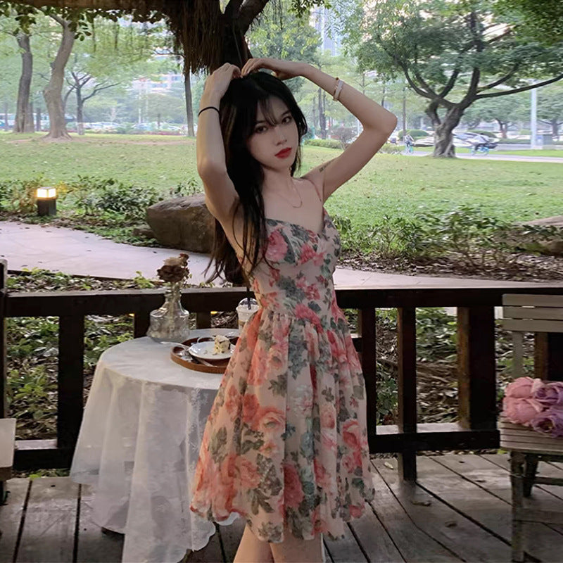 Women's High Waist Floral Slip Dress Backless