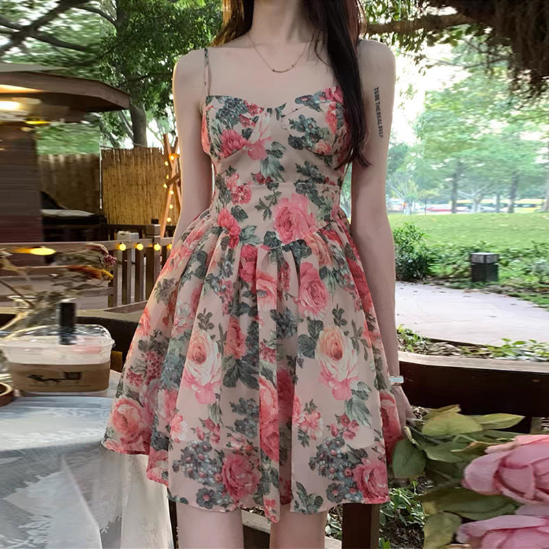 Women's High Waist Floral Slip Dress Backless