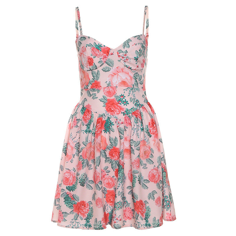 Women's High Waist Floral Slip Dress Backless