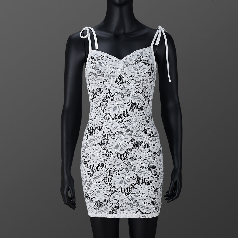 Slim-fit Lace Up Flower Lace Sheath Dress