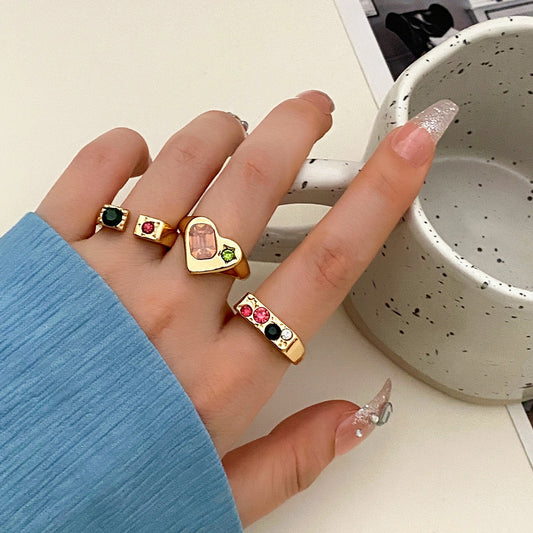 Light Luxury High-grade Love Heart-shaped Ring Suit Niche Personality Color Design