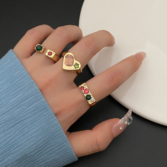 Light Luxury High-grade Love Heart-shaped Ring Suit Niche Personality Color Design
